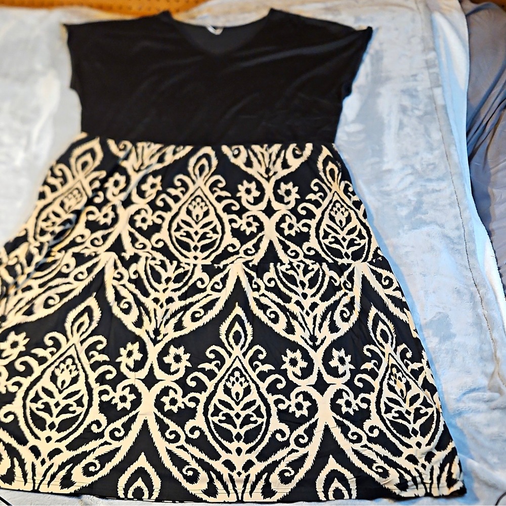 WNEEDU Womens 2XL Black/Ivory Damask V-Neck Cap Sleeve A-Line Knit Dress